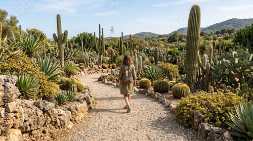 Woman walking on path in desert botanical garden with diverse succulents and tall cacti under blue sky