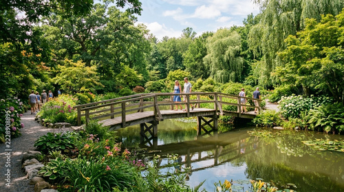 Serene Garden Bridge Over Pond with People Enjoying Nature