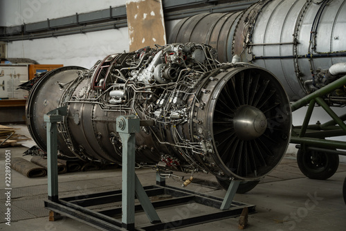 Turbojet aircraft engine. Jet engine of a fighter aircraft