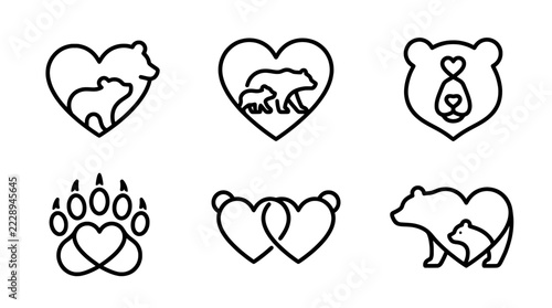 Minimalist bear vector icons set, cute wildlife line art symbols for branding and design