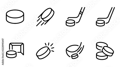 Minimalist hockey puck icons, vector sport symbols and game equipment graphic set
