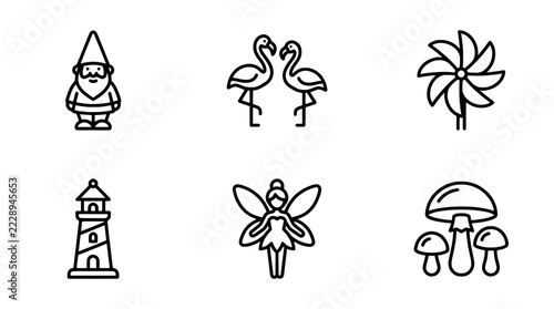 Minimalist outline icons set, garden decor and symbols, vector graphic elements