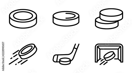 Minimalist hockey puck icons set, black and white sports vector illustration, game symbols