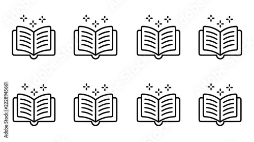 Minimalist magic book vector icons, open textbook symbols for education and design