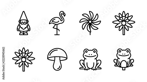 Minimalist garden icons set, outline vector symbols of lawn ornaments and nature elements