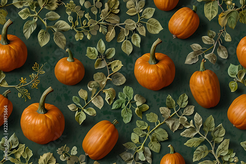 A highly realistic seamless pattern of freshly harvested pumpkin wedges