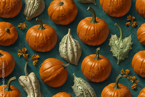 A highly detailed photorealistic seamless pattern of freshly cut orange pumpkins