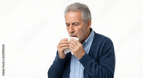 A single elderly man experiencing mild respiratory symptoms, holding a tissue near his mouth while coughing gently