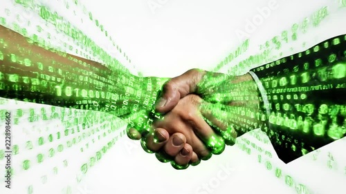 Glowing blue digital hand shaking hands with businessman