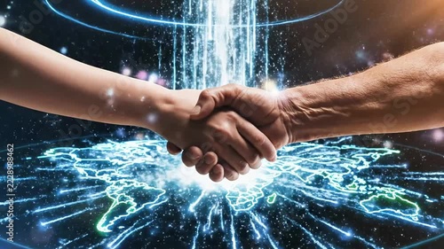 Two hands reaching for handshake over digital world map