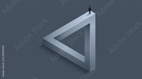 A businessman standing on the corner of a large impossible triangle shape against dark background with stands corner