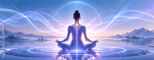 Nervous System Reset Futuristic Human Silhouette with Flowing Light Waves for Digital Wellness Technology