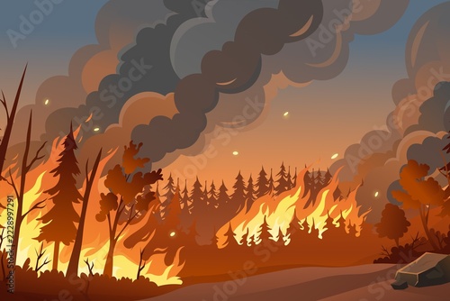 Fotografie A dramatic illustration of a forest fire spreading through a pine woodland, with towering flames, thick dark smoke, glowing embers, and scorched trees