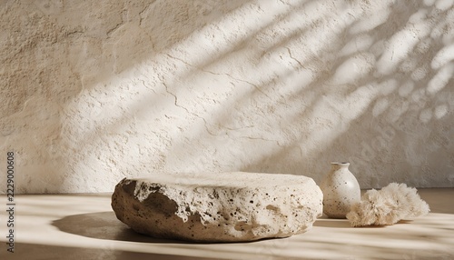 Minimalist Stone Podium for Product Display with Natural Shadow and Textured Wall Background