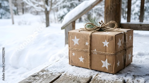 Rustic Christmas Gift Box with White Stars on Snowy Porch