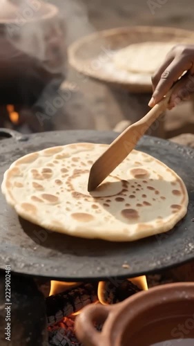 A Traditional African Woman Cooking Handmade Flatbread on an Open Wood Fire in a Rural Village Yard