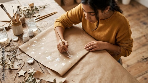 Young woman painting white stars on craft paper at rustic wooden table