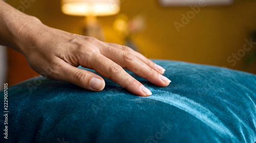 Woman's finger drawing a line across a teal velvet cushion on a sofa, revealing a lighter shade of the soft pile, a calm tactile moment with satisfying ASMR texture and color.