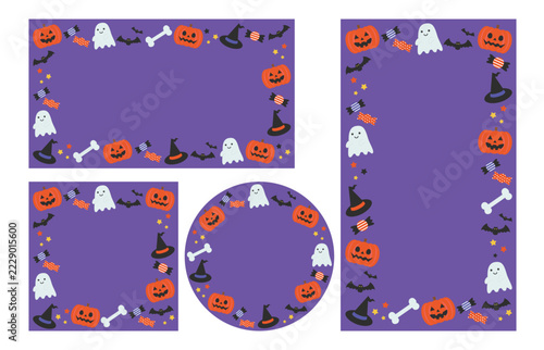 かわいいハロウィンの紫フレーム背景ベクターイラストセット素材【文字なし】