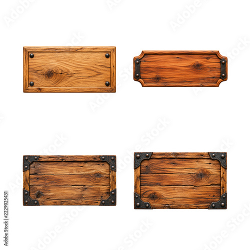 Set of four rustic wooden signs with metal corners isolated on transparent background