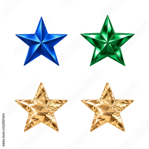 Set of shiny metallic and crystal star shapes isolated on transparent background