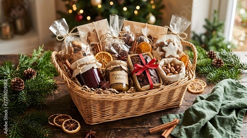 Beautiful Christmas Food Gift Basket Filled with Gourmet Holiday Treats, Cookies, Preserves and Festive Decorative Greenery for Thoughtful Seasonal Gift Giving