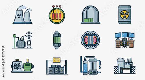 Energy Sector Icons Collection Featuring Nuclear Renewable and Industrial Power Sources