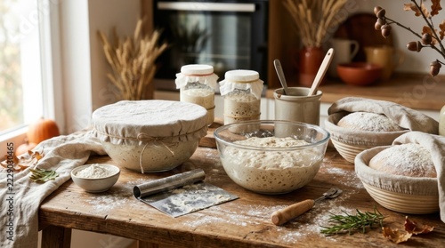 Sourdough starter bowls and jars prepared for baking on a rustic kitchen table