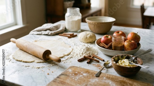 Thanksgiving Baking Preparation Scene with Dough and Apples