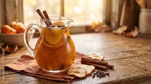 Warm Spiced Apple Cider in a Glass Pitcher with Autumnal Garnishes