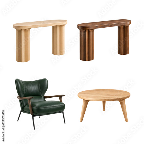 Collection of modern wooden console tables and a green leather armchair isolated on transparent background
