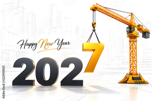Happy New Year 2027 with Construction Crane Lifting Golden Number Seven on White Background