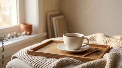 A minimalist ceramic teacup with warm tea on a wooden tray with a cozy blanket by the window, representing a peaceful morning coffee break and hygge lifestyle concept.