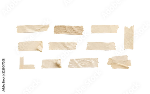 Beige masking tape texture collection with semitransparent strips and frame elements on white background