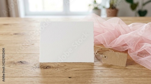 Blank birthday card mockup on oak wooden table with pink tulle and kraft gift tag for celebrating romantic holiday concept
