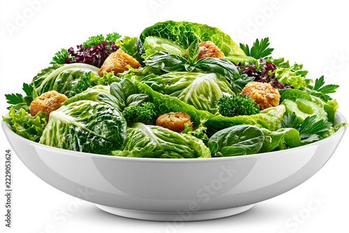 Bowl of green salad with lettuce, herbs, and croutons on white
