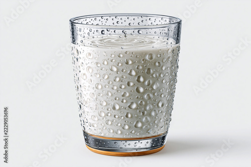 Glass of milk in a textured tumbler on a white surface