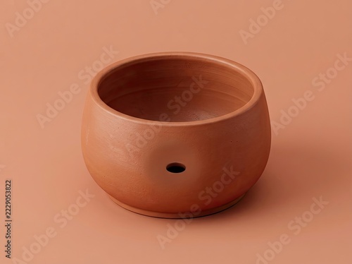 A simple, round, empty terracotta plant pot with a single drainage hole in the base, set against a solid, matching earthy orange background.
