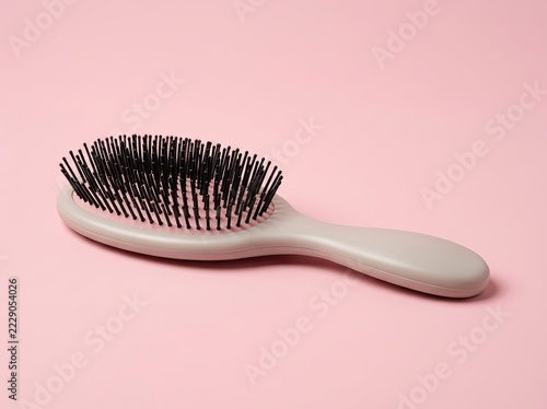 A single hairbrush with a beige handle and black bristles resting on a solid soft pink background.