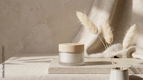 Blank Beauty Cream Jar with Wooden Lid on Stone Podium beside Dried Pampas Grass with Natural Shadows and Copy Space, Minimalist Skincare Cosmetic Product Packaging Mockup Concept