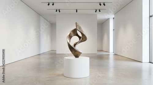 Abstract bronze sculpture in minimalist white gallery room.