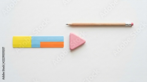 Kids stationery mockup set with blank wooden pencil colorful ruler and eraser on clean white background for back to school and education concept