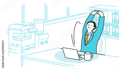 仕事をスムーズに完了させて定時で退社し、適切なリフレッシュを取り入れることで、翌日のパフォーマンスとモチベーションを高く保ちます。オフィス背景でノートパソコンを開き、スーツを着た男性会社員が笑顔で両手を上げて背伸びをしリフレッシュする場面を描いたイラストセットです。ワークライフバランスの推進や業務の自動化による時間短縮、DXの成果を伝える社内プレゼン資料に使えます。