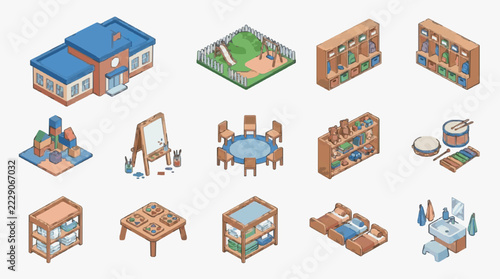Isometric Infographic Showcasing Daycare Center Rooms and Play Areas
