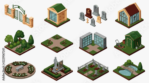 Isometric Cemetery and Memorial Park Landscape Design Elements Collection