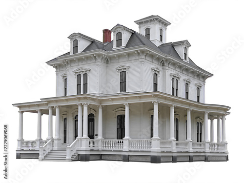 Isometric  Historic White Victorian House with Wrap Around Porch Isolated Transparent Background
