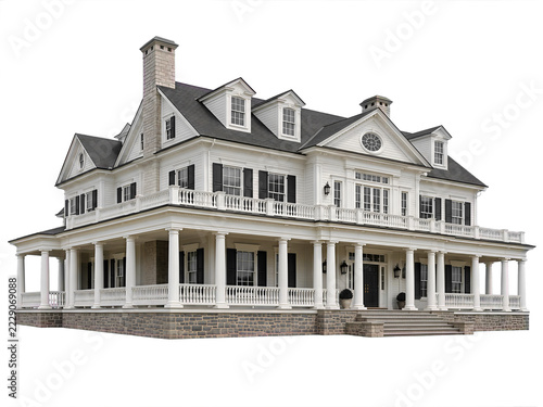 Isometric  Large White Luxury Mansion with Wrap Around Porch Isolated Transparent Background