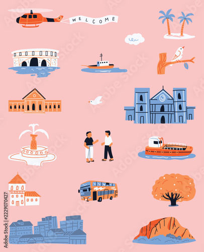 Colorful Illustration of Urban Landmarks and Activities in a Vibrant Cityscape Setting