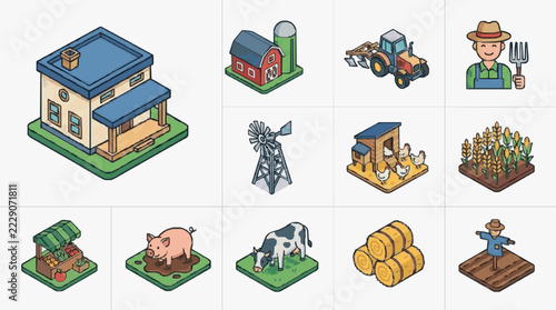 Isometric farm life and agriculture icons set featuring farmer tools animals and crops