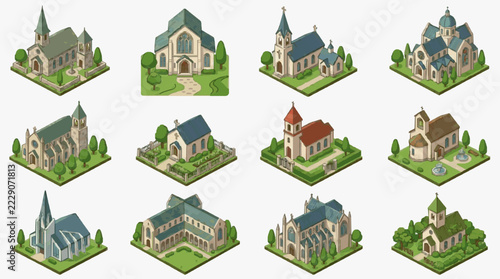 Isometric Illustrations of Diverse Church Architectures in Landscaped Settings
